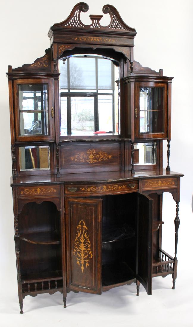 Edwardian Inlaid Mirror Back Etagere / Cabinet: Dimensions: 54" W x 17" D x 94" H