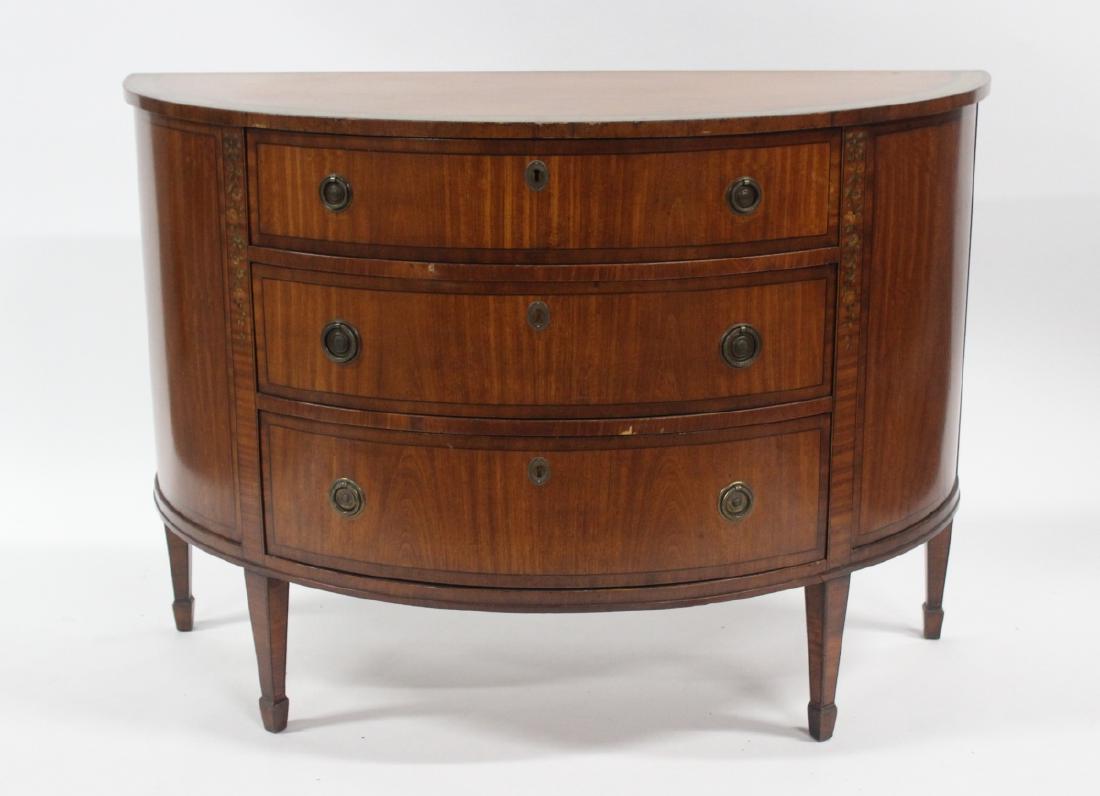 Antique Adams Style Paint Decorated Satinwood: Demilune Commode. From a Shelton CT estate. - Dimensions: 49 1/4" x 21 1/2" x 34 1/4" H