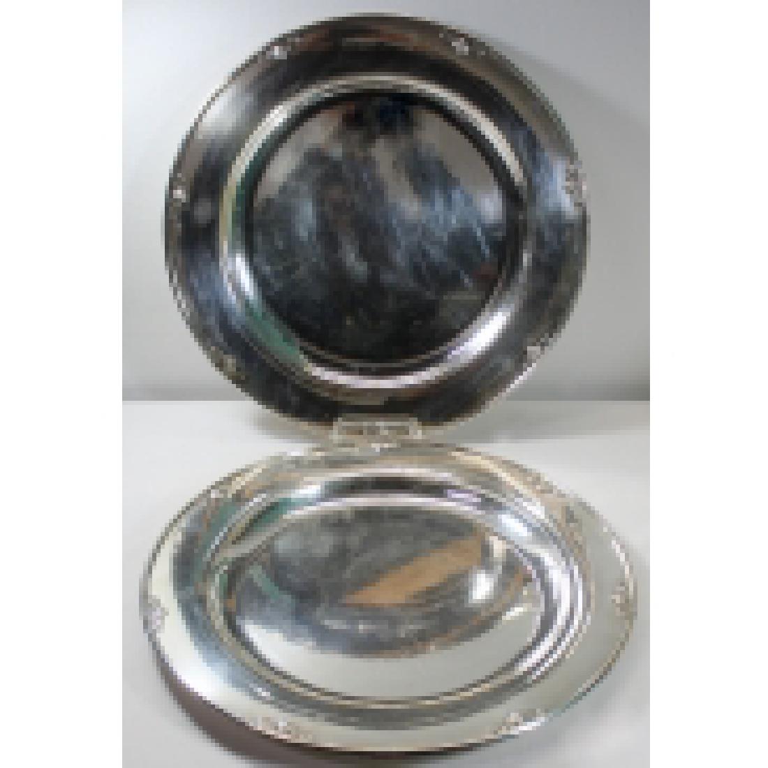 STERLING. Pair of Georg Jensen Trays, #642.: Includes a pair of large sterling Johan Rohde for Georg Jensen serving trays with slightly handhammered finish. In the Acorn pattern with (7) applied acorn pendants to border of each tray. Stamped ver
