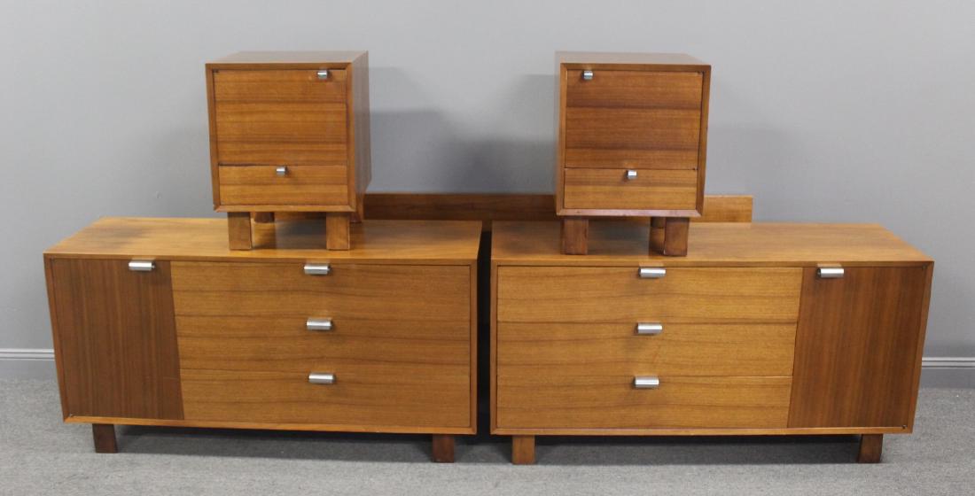 MIDCENTURY. George Nelson/Herman Miller: Bedroom Suite. To include a pair of chests, pr of ends, bed and vanity mirror. From a Rye, NY estate.Dimensions: Chest - 56 1/4" x 18 1/2" x 30" HHeadboard: 79"End Table: 18" 