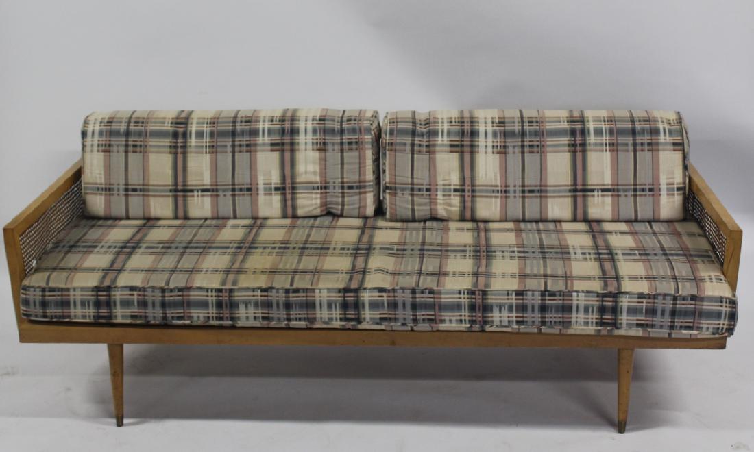 MIDCENTURY. Cane Armed Settee With Cushions.: From a Rye, NY estate. - Dimensions: 76" x 31" x 28 3/4" H