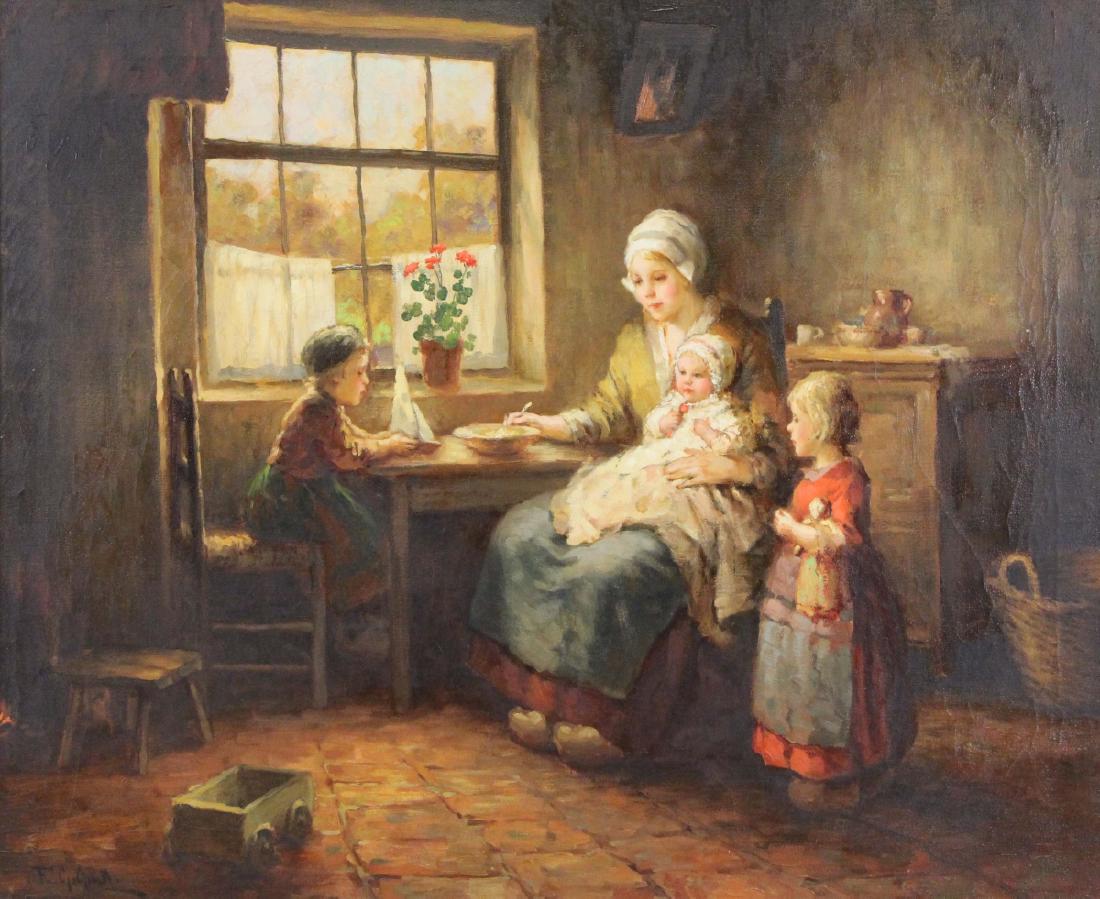 GRUST, F.G. Oil on Canvas. Woman and Children.: Signed lower left. F.G. Grust (Dutch, 1889-?). From a Pelham, NY collection. - Dimensions: 25" high x 30" wide
