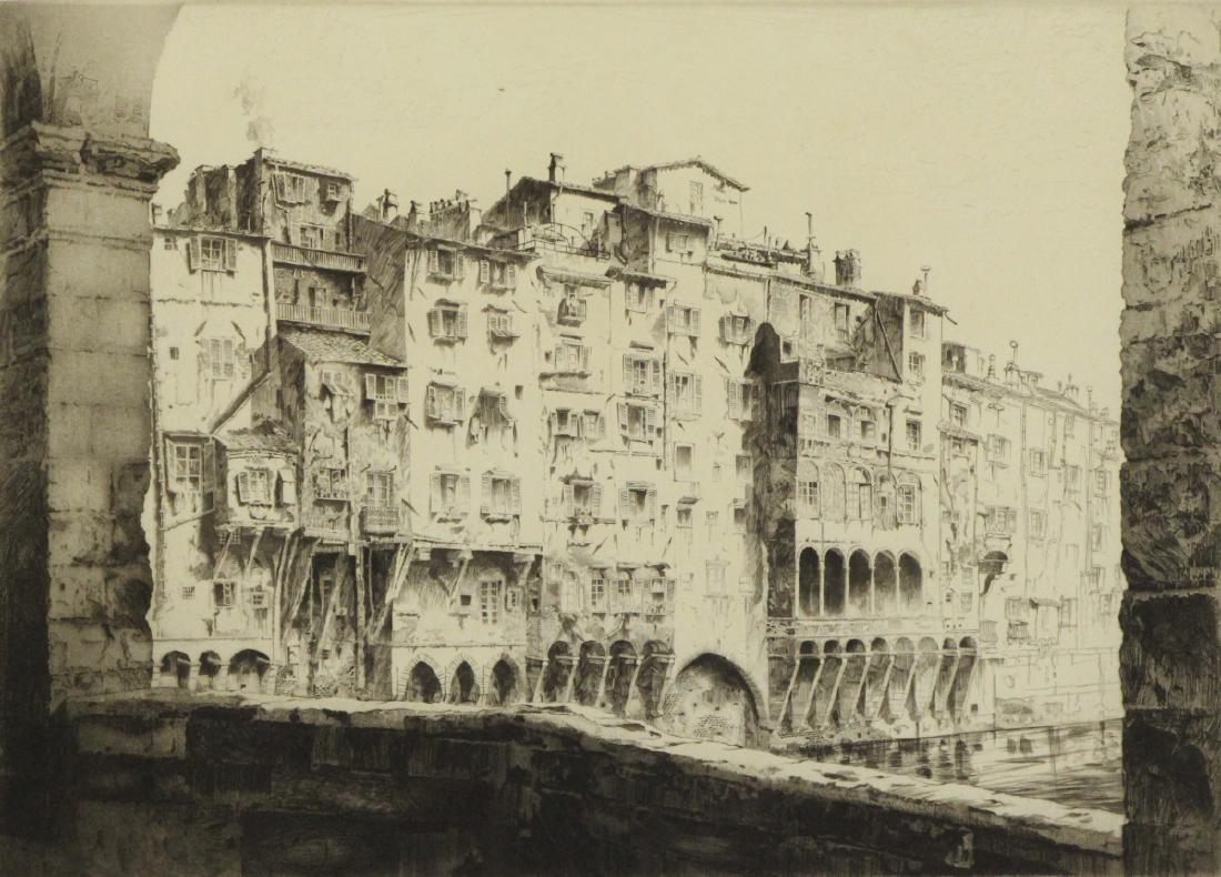 ARMS, John Taylor. Etching. "Ponte Vecchio".: 1925. Signed and dated lower right. John Taylor Arms (American, 1887-1953). From a Scarsdale, NY collection. - Dimensions: 12" high x 16" wide
