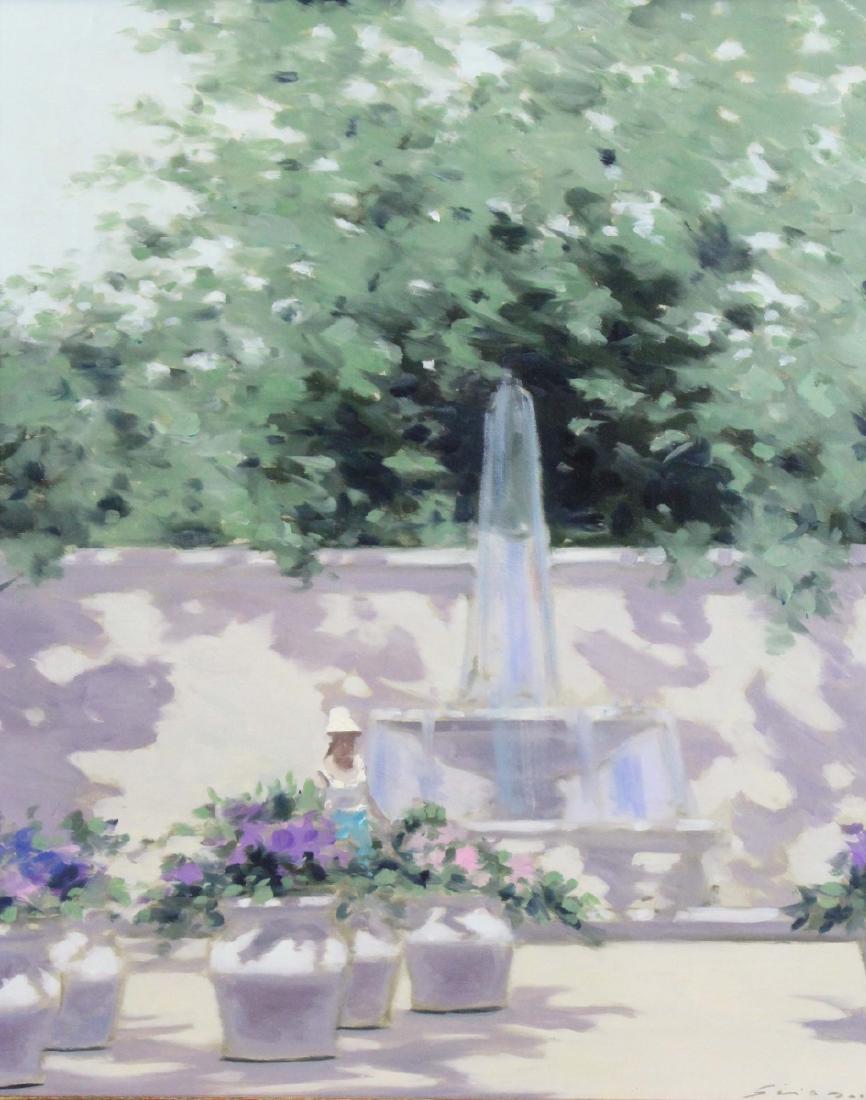 GISSON, Andre. Oil on Canvas. Figure in a Garden.: Signed lower right. Andre Gisson (American, 1921 - 2003). From a Long Island, NY collection. - Dimensions: 20.25" high x 16" wide