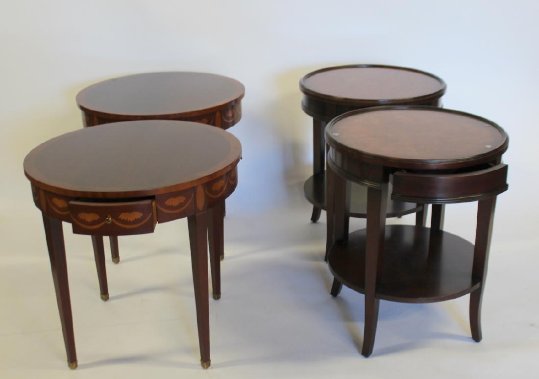 BAKER. 2 Signed Pairs of Tables.: To inc. a pair with pull outs, 2 drawers and inlay signed Baker 25" x 25.5" and a pair signed Milling Road (a division of Baker), 22" x 26.5". From a Larchmont estate.