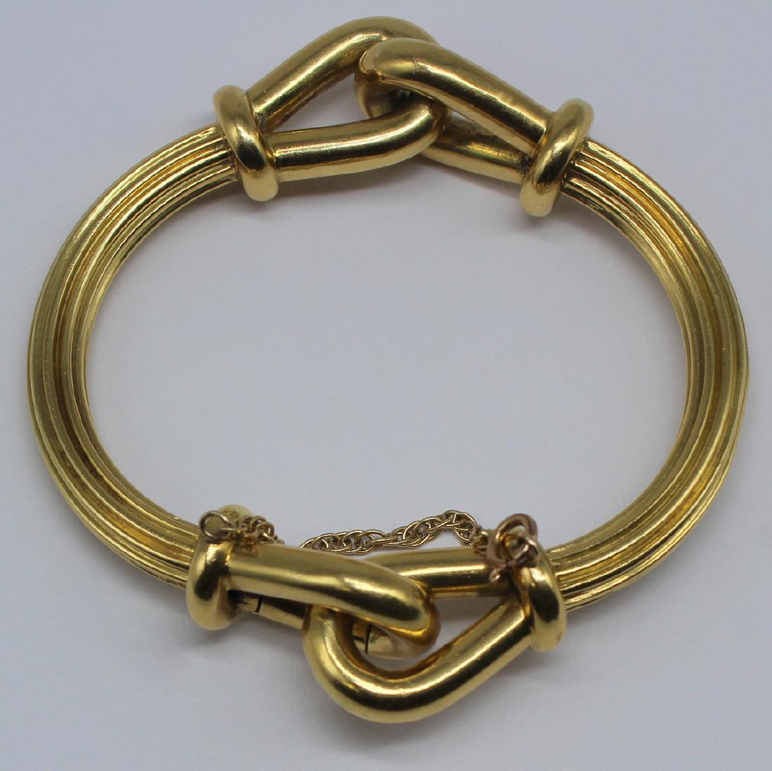 JEWELRY. Italian 18kt gold Bracelet.: Stamped, "18k Italy, 750" with an Italian national mark signifying this piece was made in Alessandria. Total approx. weight is 25.8 dwt, including gold-filled safety chain. From a Long Island, NY esta