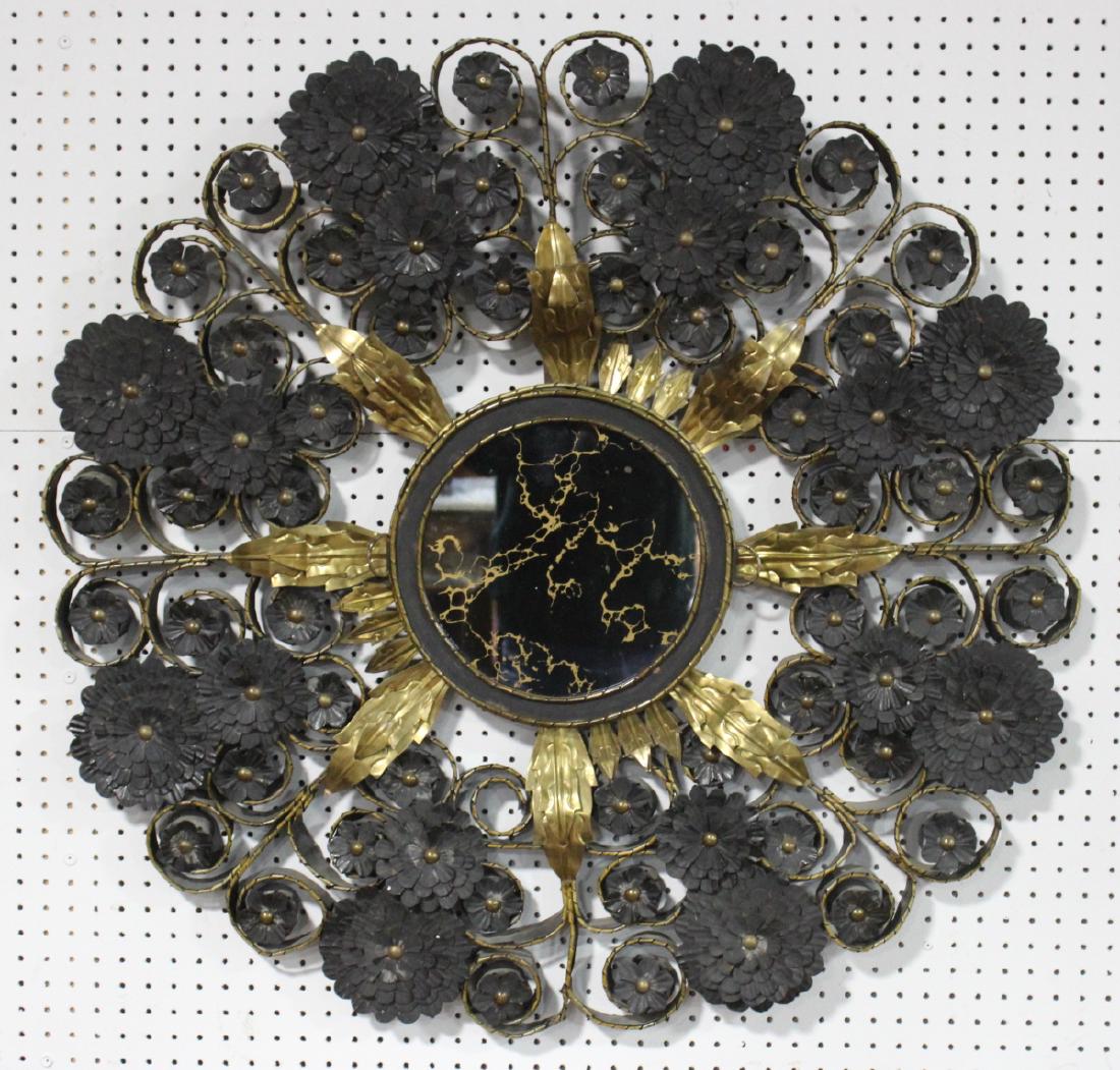 MIDCENTURY. Sunburst Style Patinated And Gilt: Metal Mirror. A very decorative, large and rare form mirror. From a Greenwich CT estate. - Dimensions: 40" dia