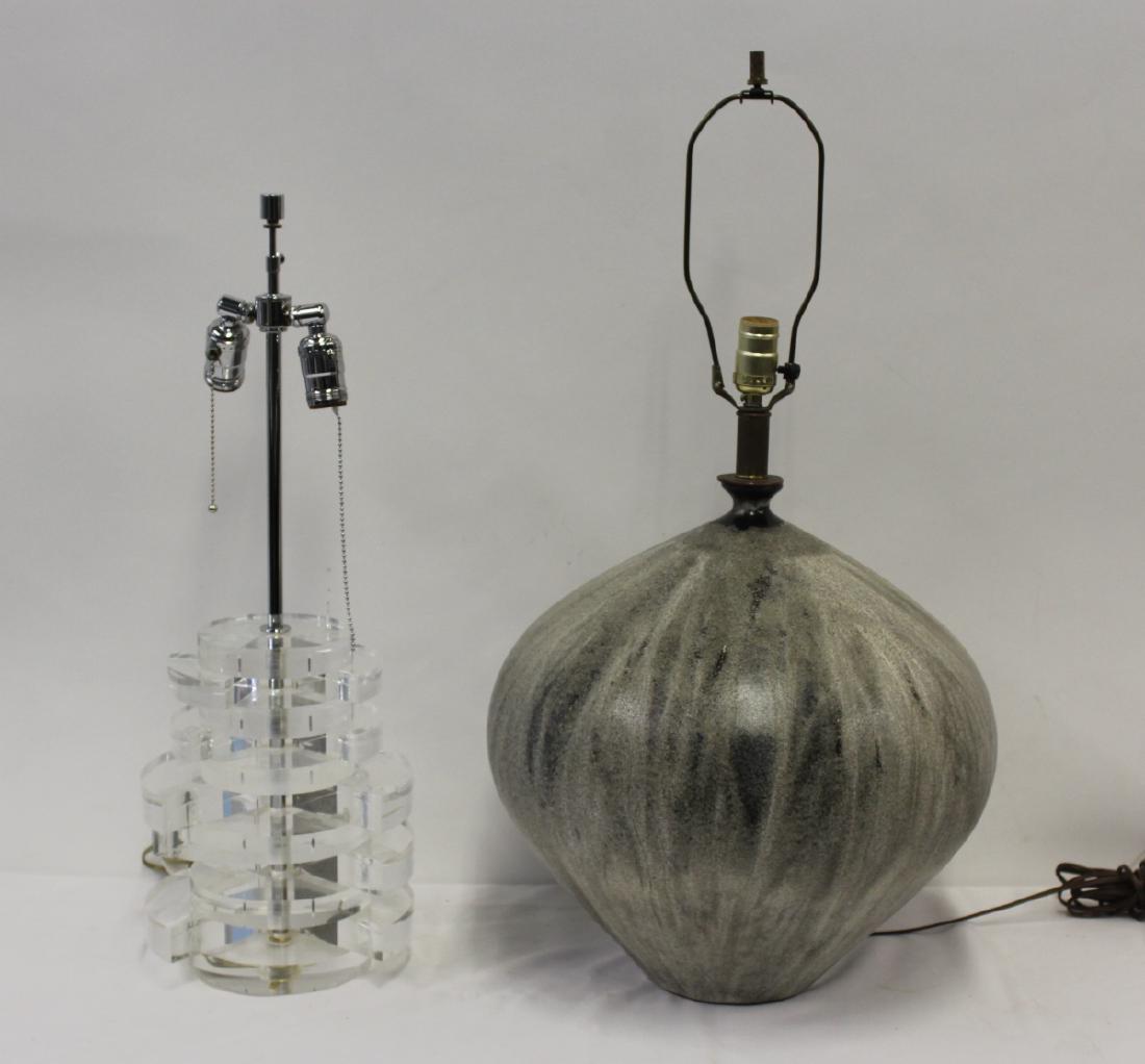 MIDCENTURY. Lighting Lot to Include: A large glazed pottery lamp, 29" or 16" the pottery and a Lucite lamp, 25" or 11" the Lucite. From a Westport CT estate. - Dimensions: See decription.