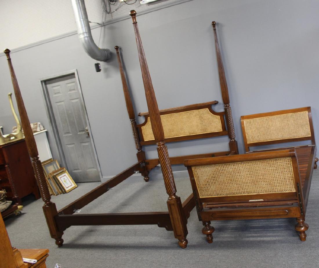 Lot Of 2 Custom Quality Mahogany Beds .: To inc a 4 poster ,90"H x 87" x 67"W with twist posters and caned bach ans a single day bed, 39"W x 86"L x 34"H with cane back