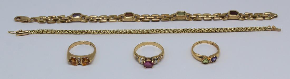JEWELRY. 14kt Gold and Colored Gem Grouping.: Includes a 14kt yellow gold bracelet - approx. 7.125" in overall length; a 14kt yellow gold panther link bracelet inlaid with (4) faceted colored gems - approx. 7.25" in overall length; a si