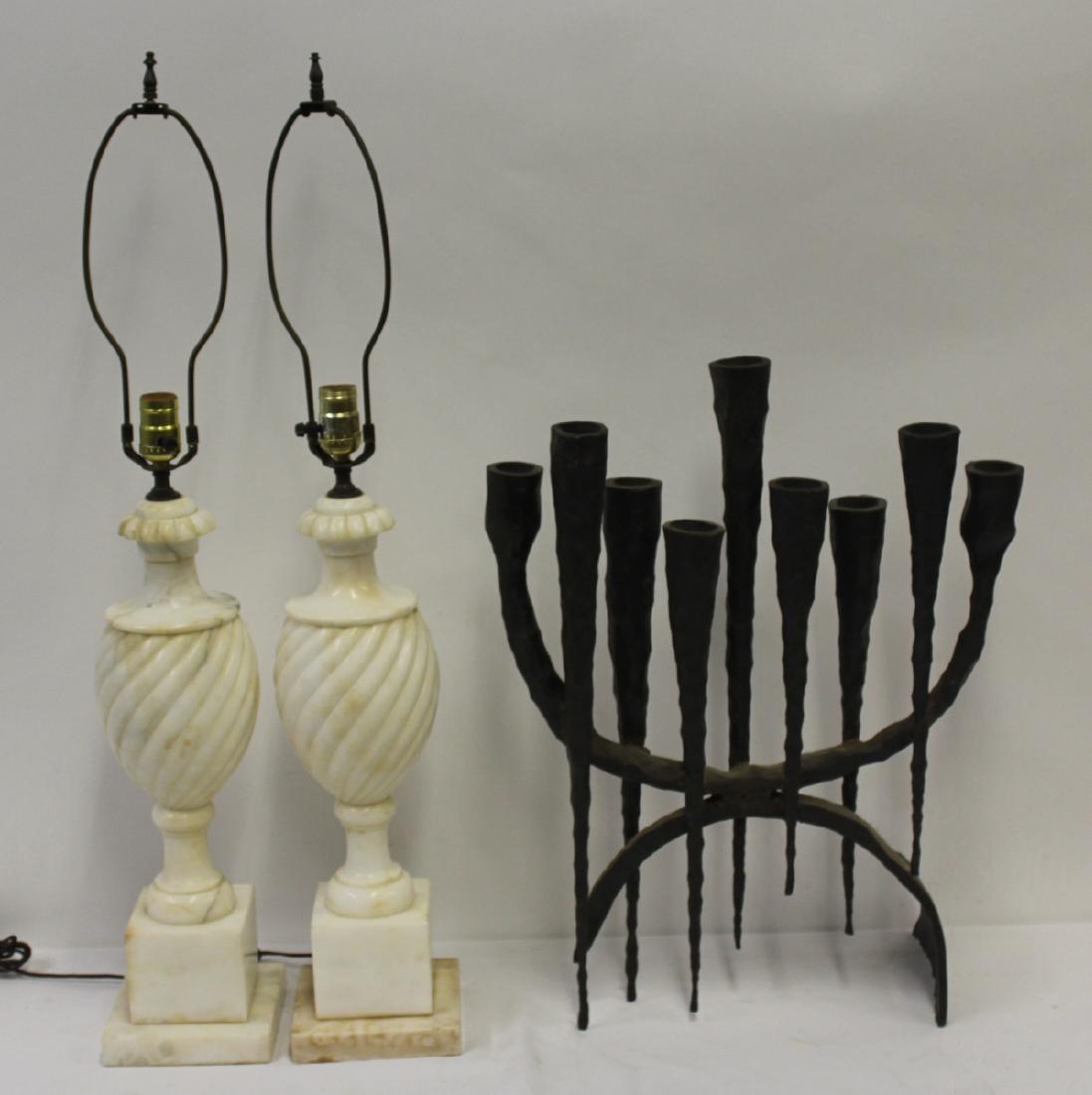 Pair of Antique Marble Lamps Together with a Hand: Wrought Iron Menorah . The marble lamps (34" H) a nice large size and the Menorah (18" w x 23" h) heavy duty brutalist style.
