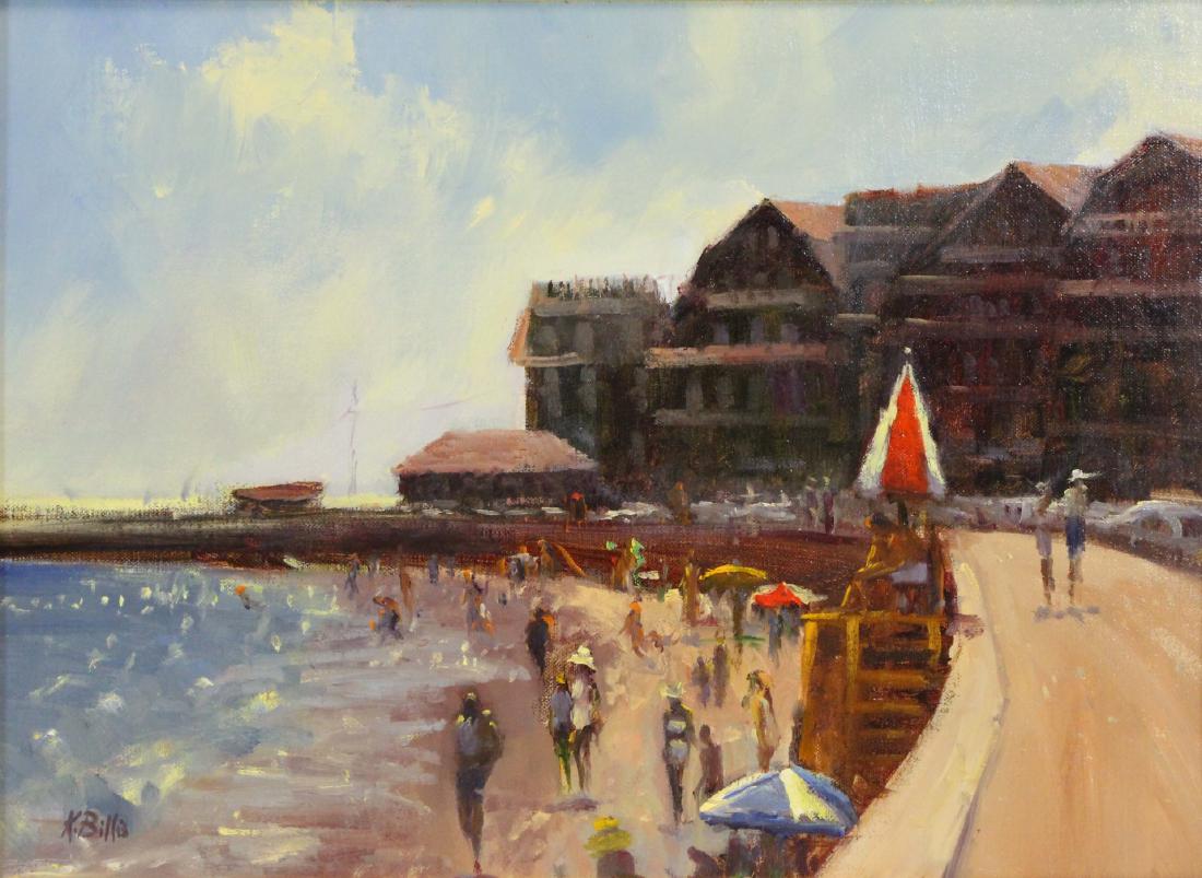 KATHLEEN BILLIS (AMERICAN, 21st CENTURY).: Oil on Board. Kennebunkport Beach Scene. Signed lower left. Mast Cove Galleries label verso. From a Central Park West, NYC collection. - Dimensions: 12" high x 16" wide