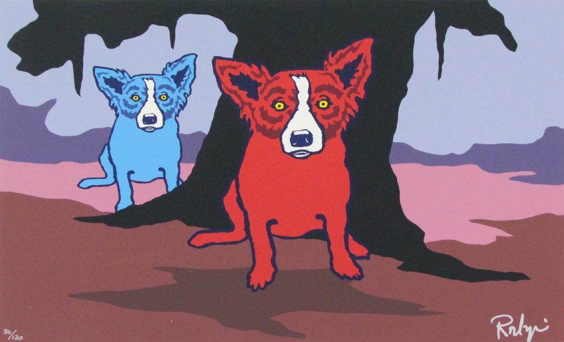 GEORGE RODRIGUE (AMERICAN, 1944-2013).: Lithograph. Two Dogs. Signed lower right. No. 30 from an edition of 120. From a New Jersey collection. - Dimensions: Sheet: 17.5" high x 19.5" wide
