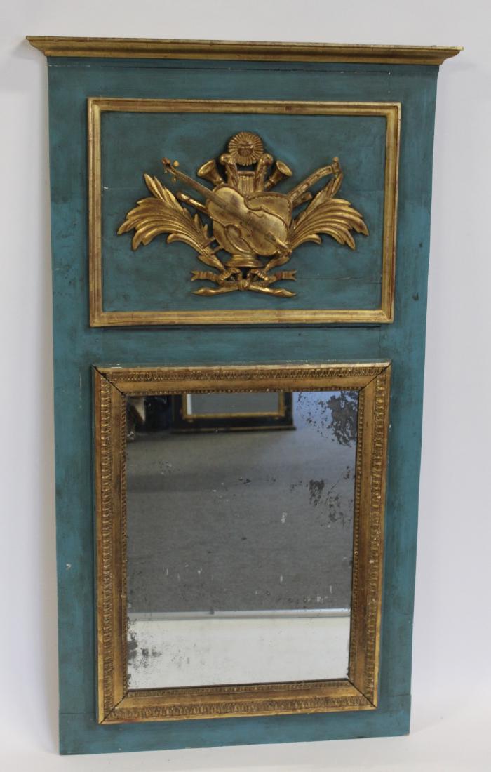 Antique Blue Painted Trumeau Style Mirror with: Carved Gilt Musical Instrument Decoration. From a Larchmont estate. - Dimensions: 57" h x 33"