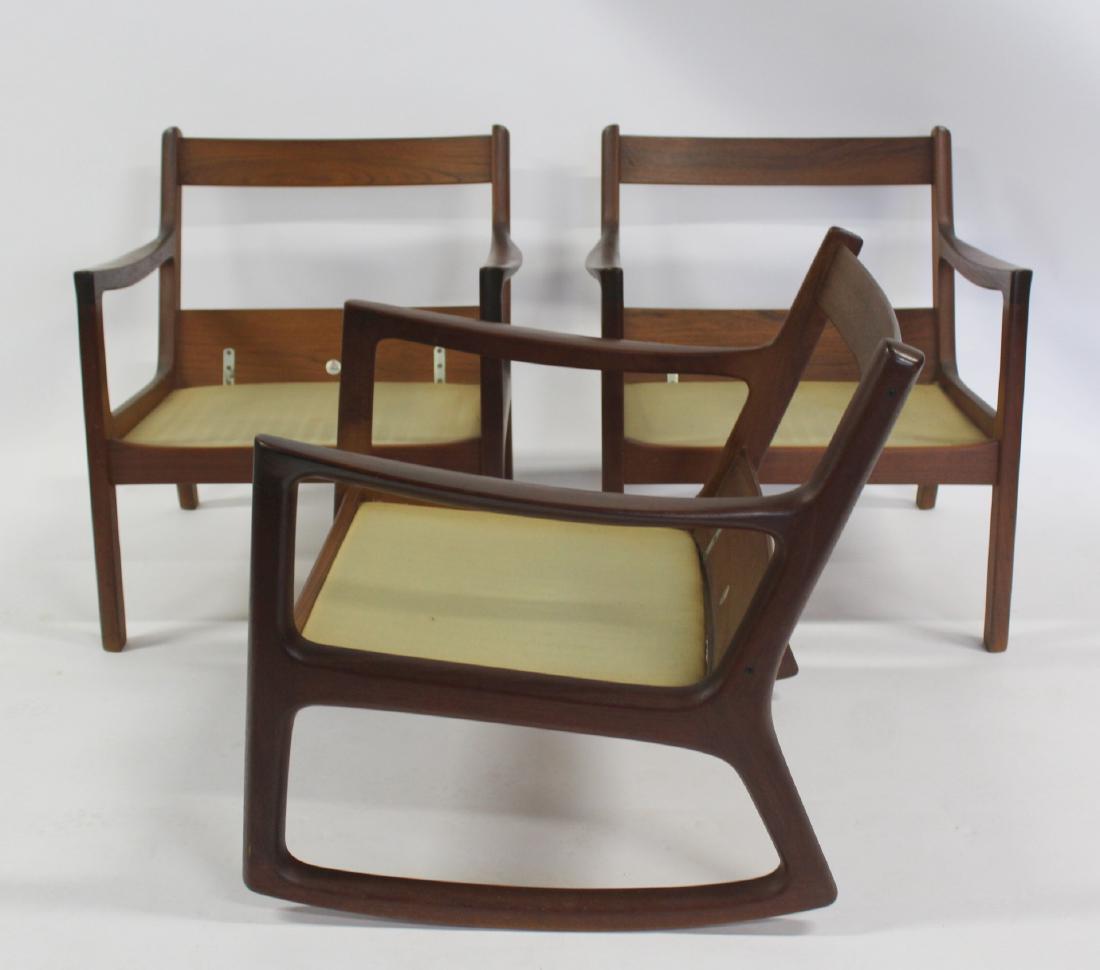 MIDCENTURY. France & Sons Teak Rocker & 2: Armchairs (27" x 27" x 27"). Nice lines and original patina. Chairs sturdy with clean finish. From a midcentury builders estate in Pound Ridge. - Dimensions for the Rocker: 26 3/8" x 24