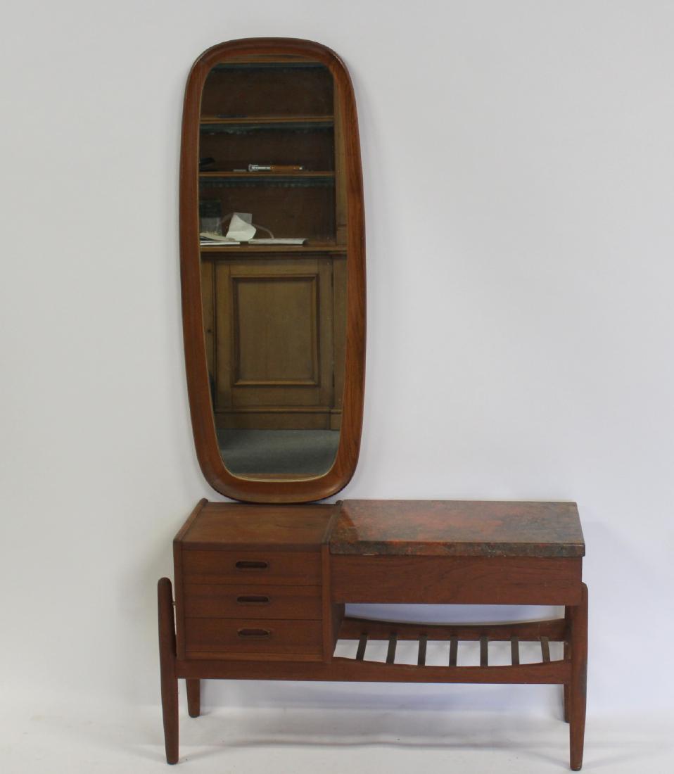 MIDCENTURY. Danish Modern Marbletop Phone Table: In Teak with Mirror. From the Pound Ridge estate of a well known midcentury builder. - Dimensions: 37" x 13" x 22" H - mirror 43" x 17"