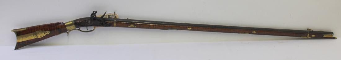 Antique Flintlock Long Rifle Signed On Plate: Signed indistinctly on lock plate, maybe "Lafikrs", "PRV", "14". No other apparent marks. Beautiful tiger grain stock with brass mounts. - Dimensions: 58.5" End of barrel