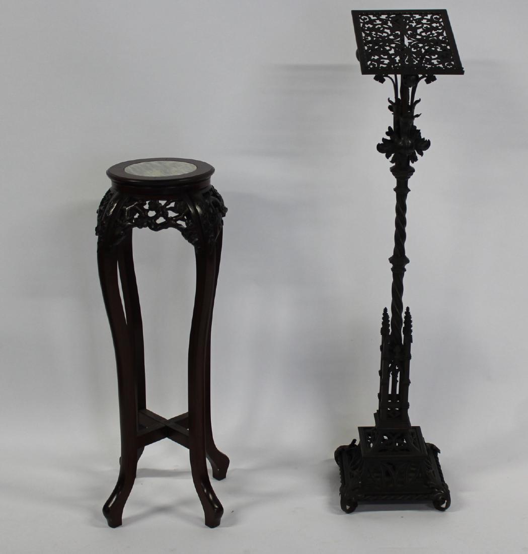 Antique Patinated Metal Gothic Style Lectern: And a Vintage Chinese Marble Insert Table . From a Lawrence, L.I. estate. Dimensions: Lectern 52" x 12" - Pedestal table 16" x 37"H