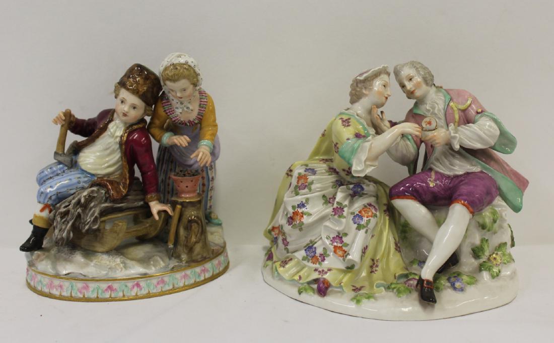 MEISSEN. Lot of 2 Porcelain Groupings.: The courting couple 6.5" x 5.5" and the boy on sled 5.75" x 5.25". From a 5th Avenue NYC estate.