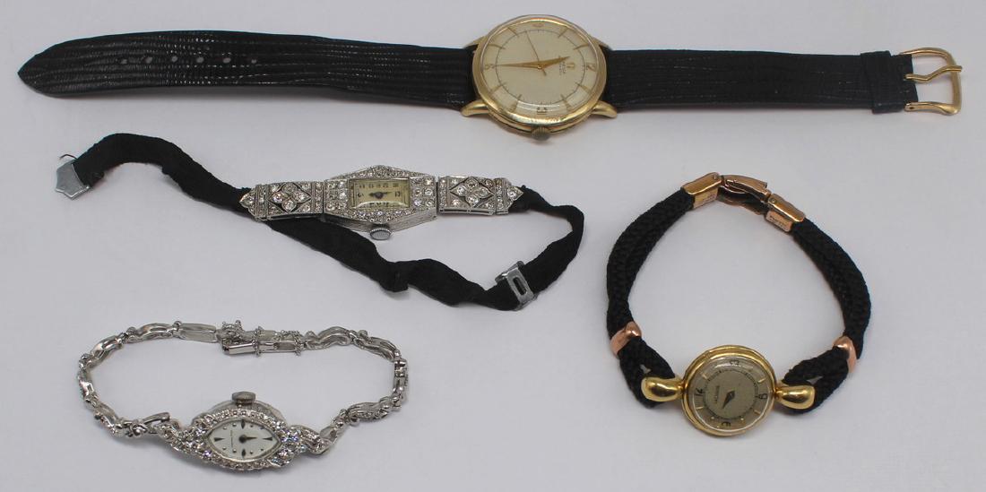 JEWELRY. Vintage Men's and Ladies Watch Grouping.: Includes a LeCoultre 18kt yellow gold watch face with Swiss domestic 750 gold hallmark and city stamp of Geneva, no. A376170 accompanied by a watch band with rose gold-filled mounts; a Hamilton 14kt w