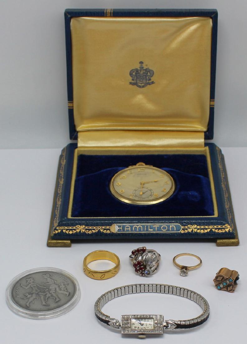 JEWELRY. Misc. Ladies Jewelry Inc. Gold & Diamonds: Includes a Hamilton 14kt gold-filled pocket watch - Hamilton movement, 21 jewels, 5 positions, with original fitted hinged case; Chaim Gross .935 silver and enamel decorated "Happy Children"