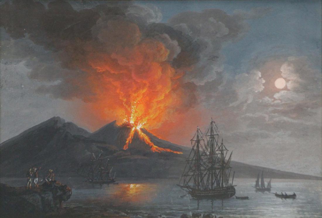 ITALIAN SCHOOL. 19th CENTURY.: Gouache. Mt. Vesuvius Erupting. William Doyle Galleries label affixed verso. From a Larchmont, NY collection. - Dimensions: 6.5" high x 9.5" wide