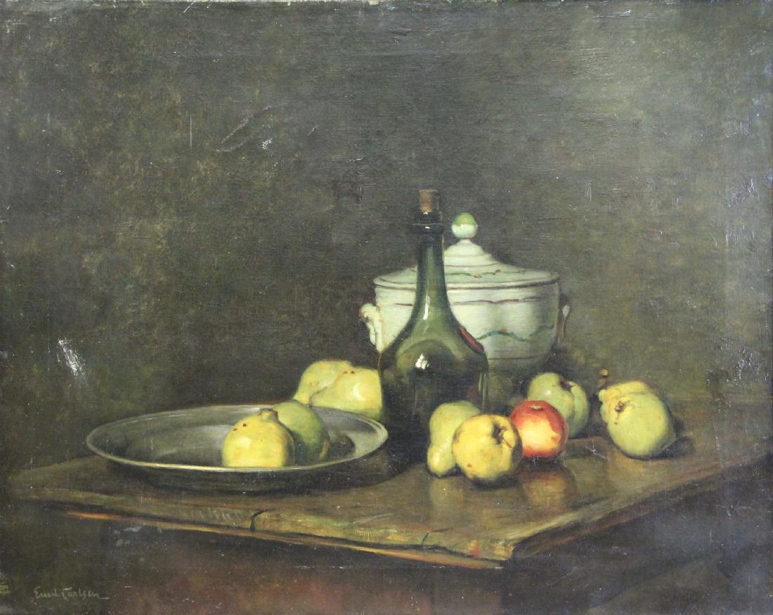 EMIL CARLSEN (DANISH, ACTIVE IN AMERICA, 1848/53-: 1932). Oil on Canvas. Still Life. Signed lower left. Label affixed verso stating work was in the collection of Roman Bronze Works, NY. From a Poughkeepsie, NY collection. - Dimensions: 28" high x 36"