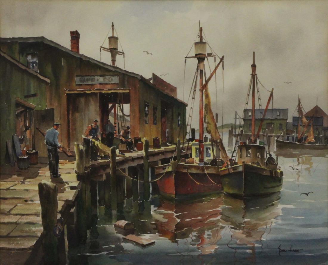 JOHN CUTHBERT HARE (AMERICAN, 1908-1978).: Watercolor. "Cape Cod Fisherman". Signed lower right. Titled on mat, lower left. From a Harrison, NY collection. - Dimensions: Sight: 14" high x 17" wide
