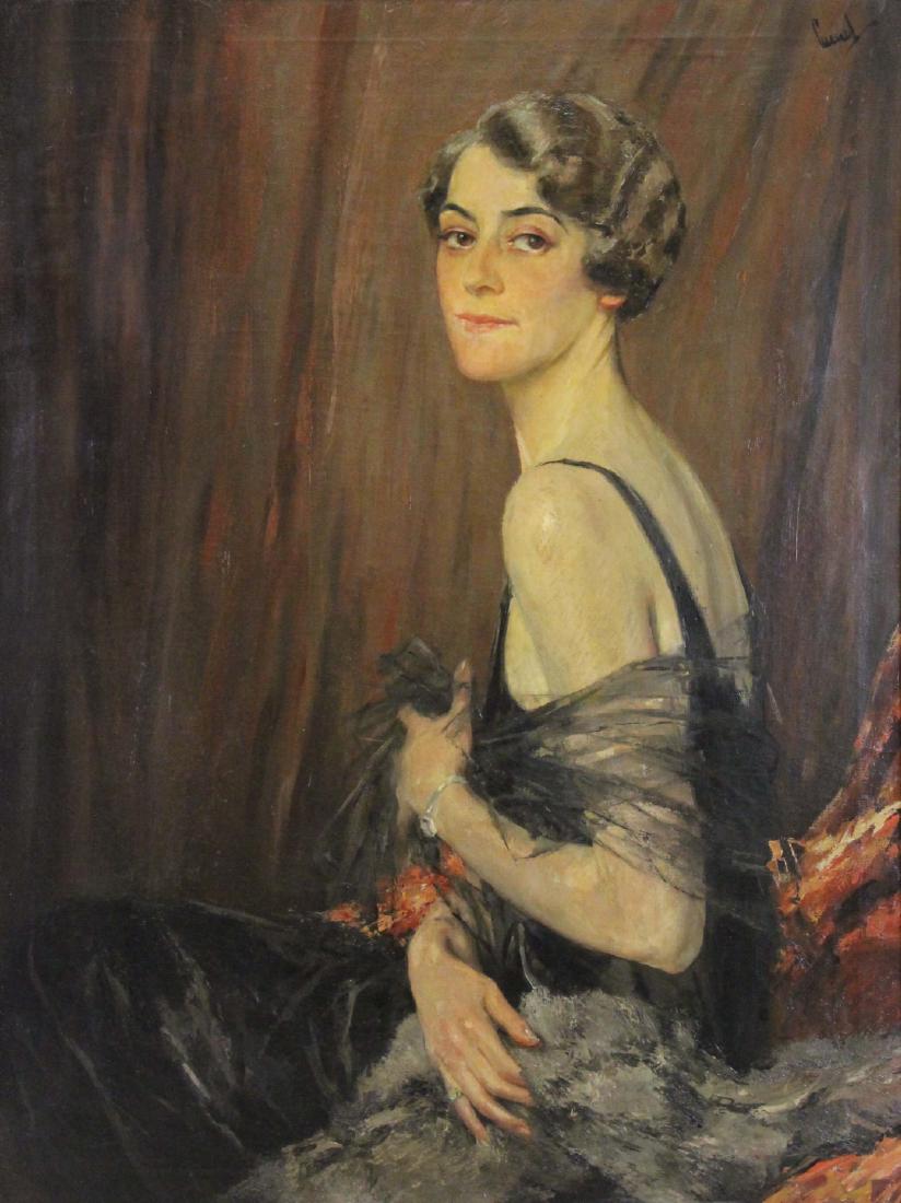 EDWARD CUCUEL (AMERICAN, 1875-1954).: Oil on Canvas. Portrait of Mrs. J. Whitney Baker. 1929. Signed, titled, and dated verso. From a Rhode Island collection. - Dimensions: 40" high x 30" wide