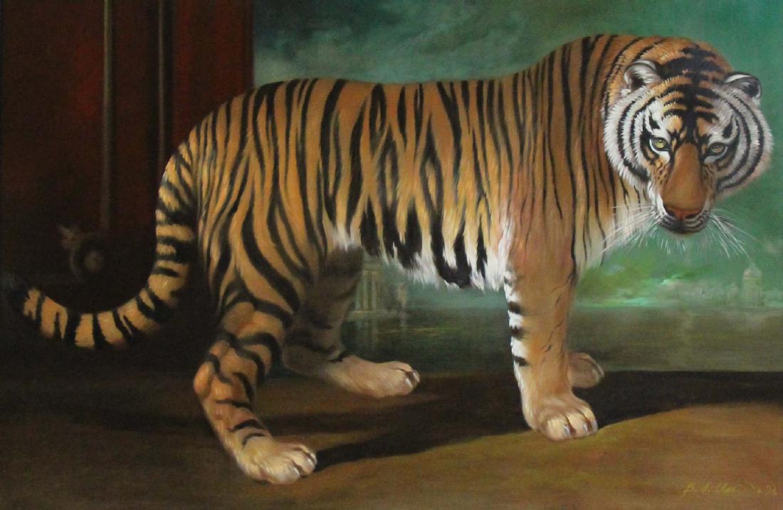 COMTE BERNARD DE CLAVIERE (FRENCH, 1934-2016).: Oil on Canvas. Tiger. Signed and dated lower right. From a Huntington, NY collection. Bernard de Claviere is known for his paintings of animals. He produced works for Queen Elizabeth II and Ralph Laur