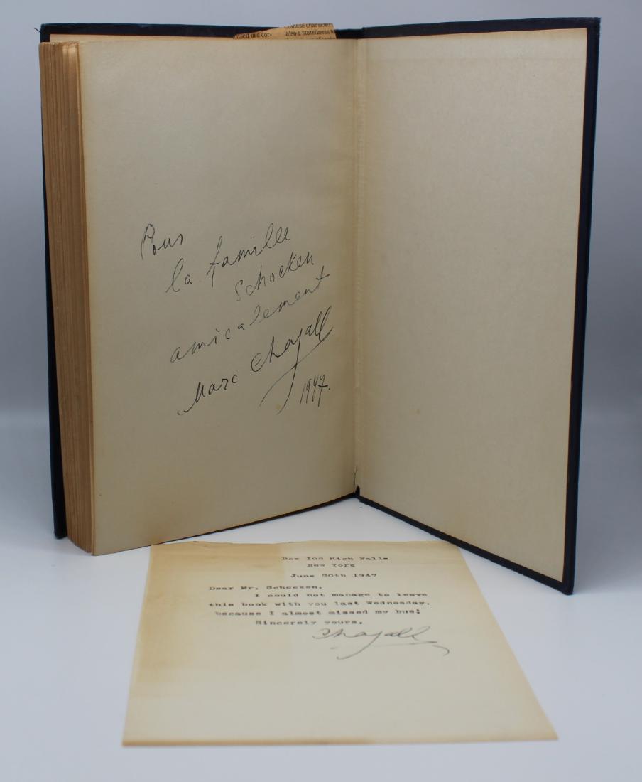 MARC & BELLA CHAGALL, French/American (1887 - 1985): DI ERSHTE BAGEGENISH by BELLA CHAGALL, Copyright 1947 and pencil signed by Marc Chagall and including a pencil signed and hand typed note from Marc Chagall. Published by The book League of Jewish Peop