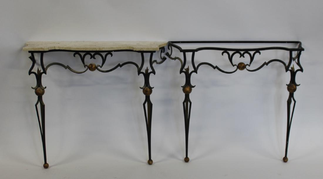 Pair of Patinated and Gilt Decorated Iron Consoles: With Marbletops. From a New Rochelle estate. - Dimensions: 38.5" x 12.5"D x 32.5"H