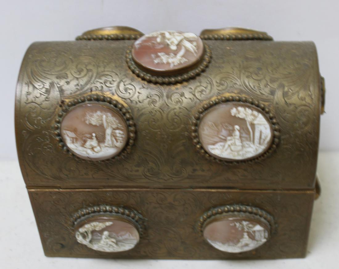 Antique Cameo Inlaid Casket Perfume Box.: With fitted interior, and 3 gilt decorated scent bottles. From an Eastchester, NY estate. - Dimensions: 4.675" h x 6" w x 3.75" d.