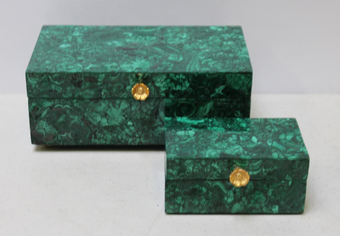 2 Malachite Jewelry Boxes with Brass Feet: And handles. From a Park Avenue NYC estate. - Dimensions: 5.25"x 3.25" x 2.5"h & 9.25x 5.25" x 4"h