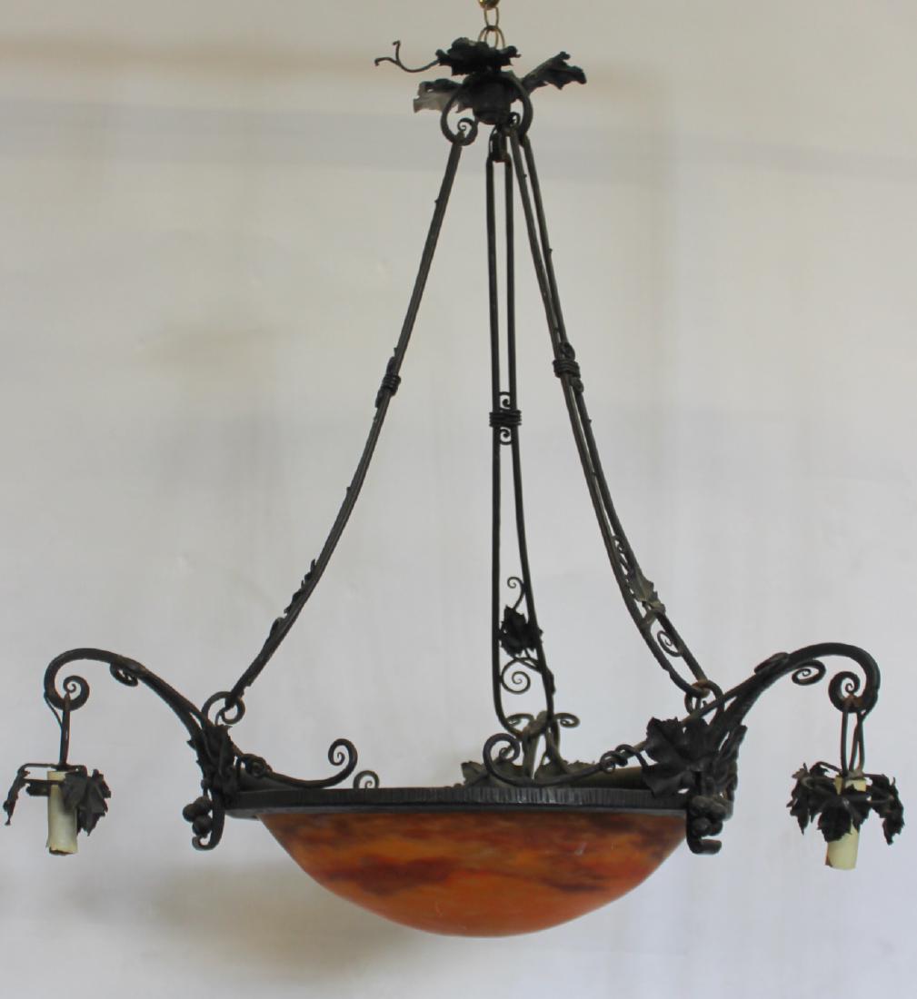Muller Freres Art Glass and Metal Chandelier.: Nice chandelier with dome glass. Unfortunately no side shades. From a Carmel, NY estate. - Dimensions: 27" x 31.5"