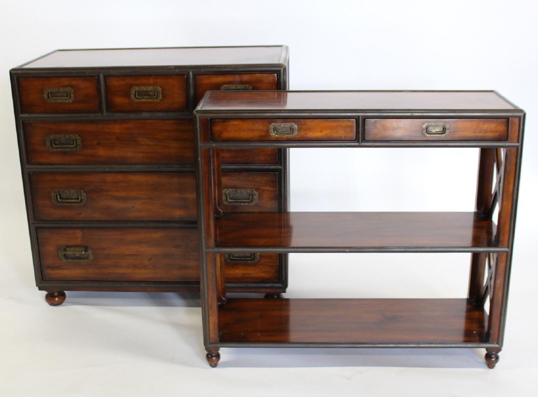 Theodore Alexander. Campaign Style Chest & Etager: Great dark walnut patina and brass trim and handles. From a Hazelton, PA estate. - Dimensions: 36" x 19" x 35"H & 36" x 12" x 32"H