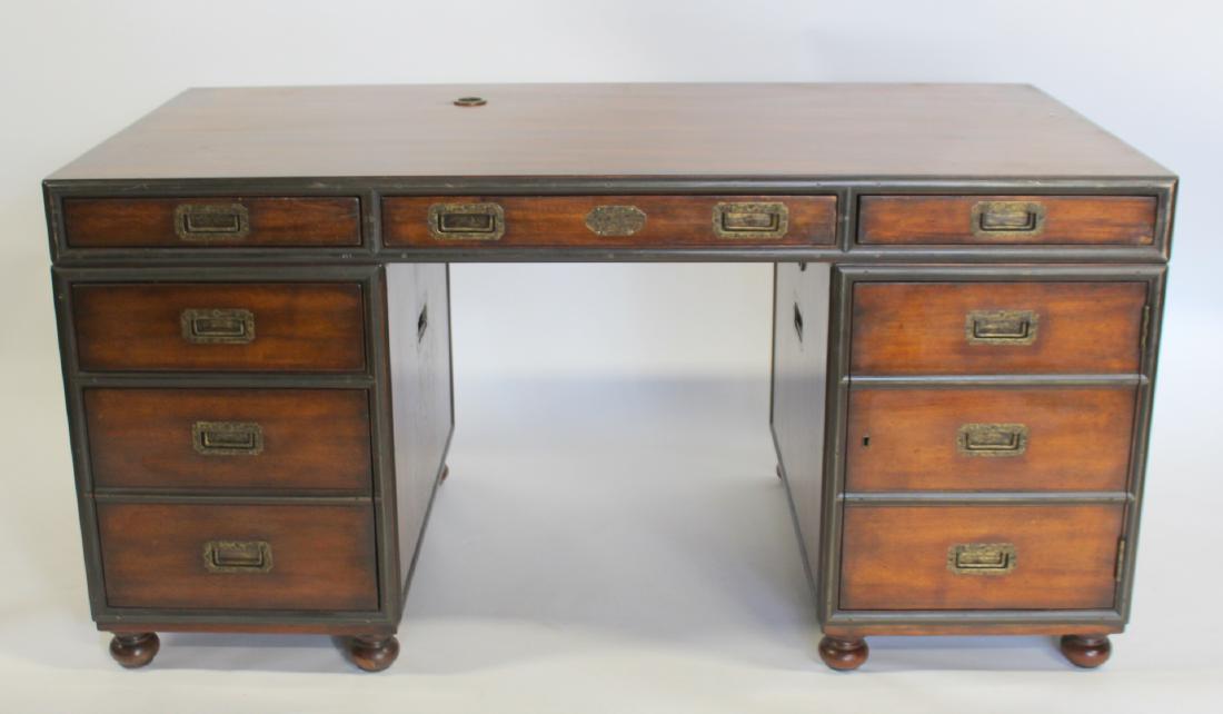 Theodore Alexander Campaign Style Walnut Desk.: In 3 sections with brass trim and handles. From a Hazelton, PA estate. - Dimensions: 61" x 31" x 30"H