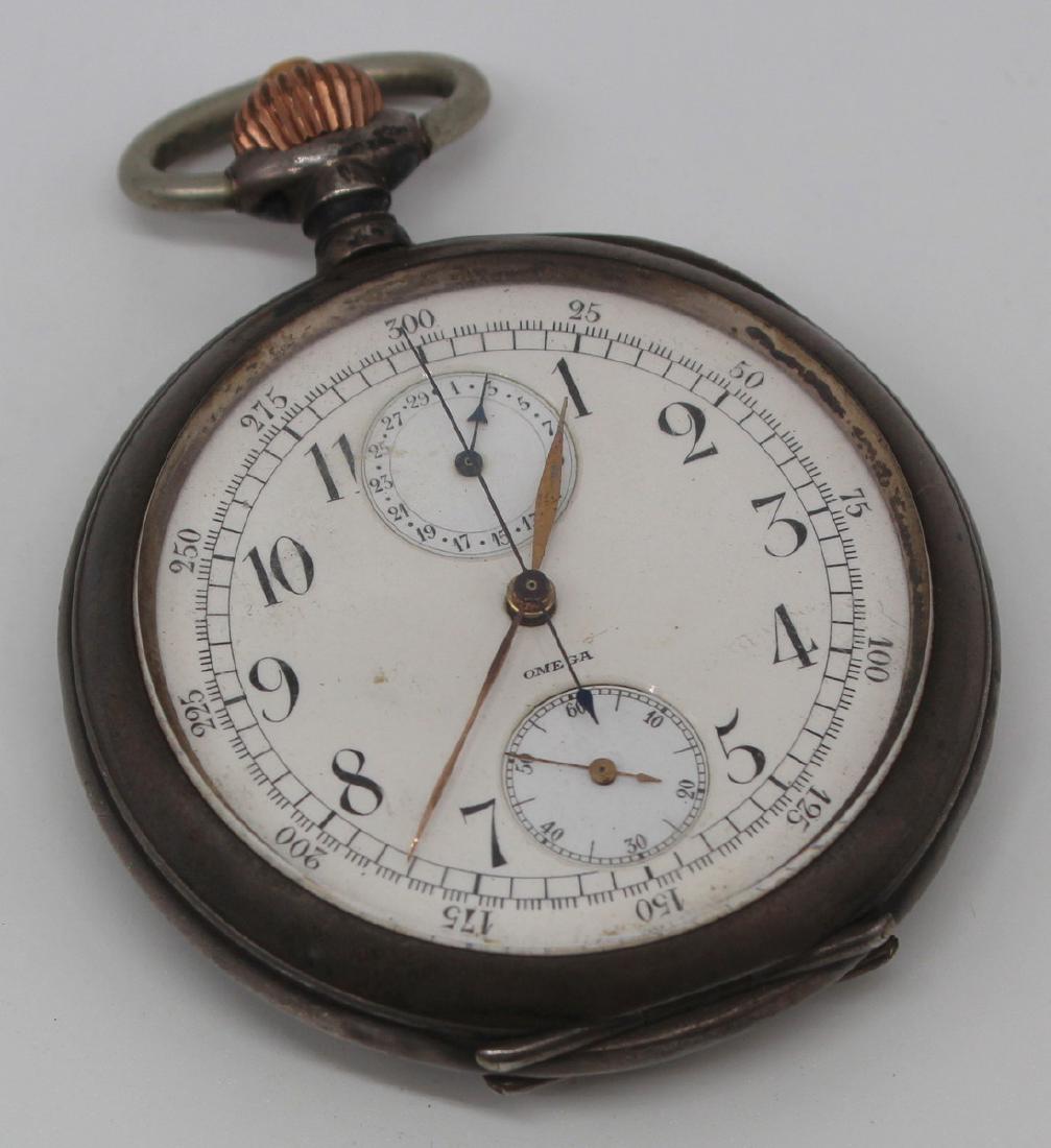 SILVER. Omega .900 Silver Chronometer Pocket: Watch. Omega .900 silver chronometer open face pocket watch with black numerals. Interior of case stamped, "0.900, Swiss, 3257822, C, 9", with domestic Swiss silver mark of a bear. Total app