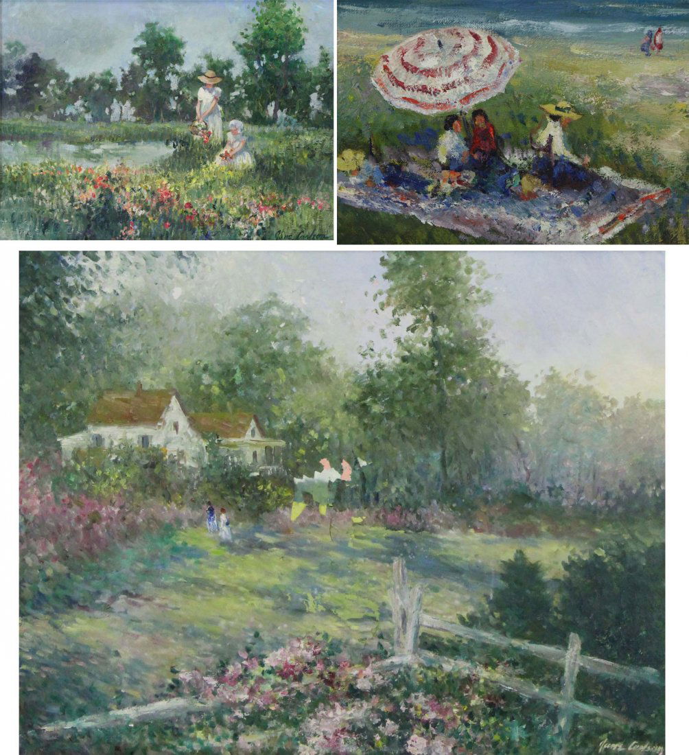 JANE CARLSON (AMERICAN, b. 1930).: Lot of Three Oils on Canvas. To Include: House in Landscape, signed lower right, 22" high x 28" wide; "A Summer Field", signed lower right, 12" high x 16" wide; 9" h