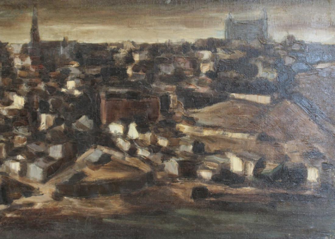 E. PRICLO? Oil on Canvas City Scene. (1 of 5)