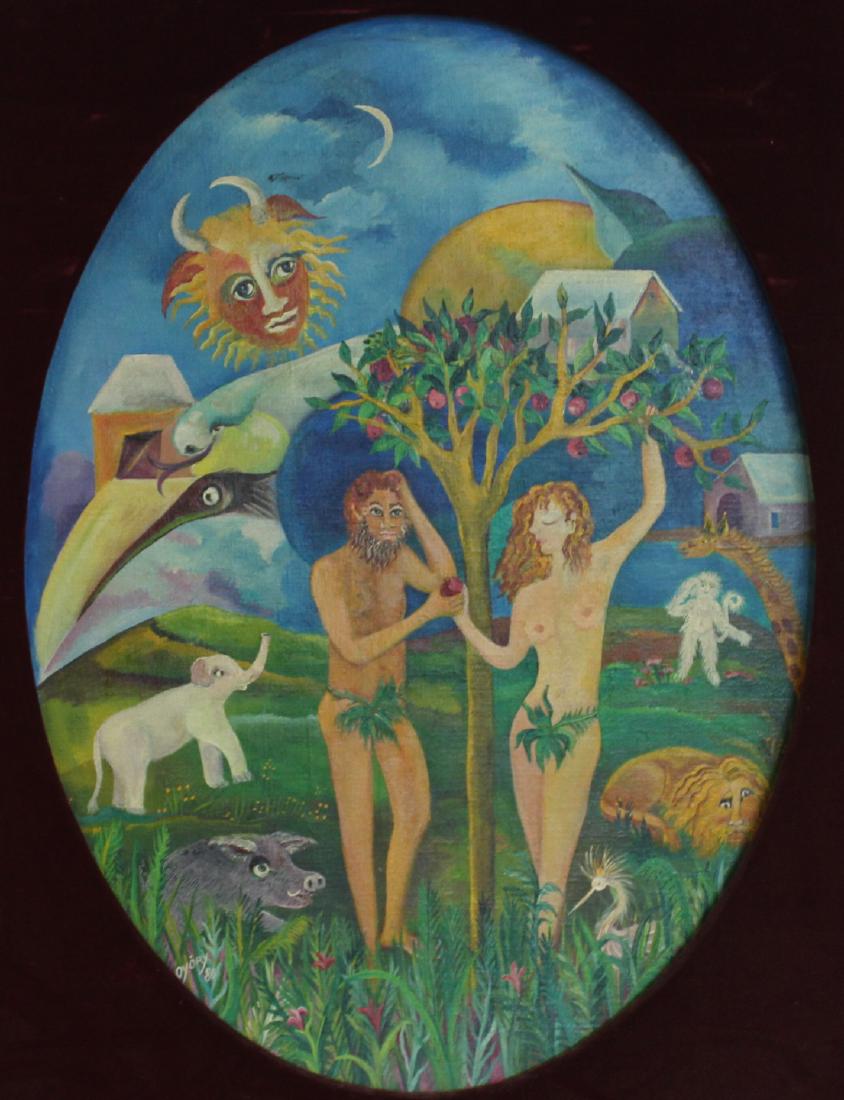 GYORY. Oil on Canvas Laid on Board Adam and Eve.: Signed lower left and dated 80. From a Bronx, NY collection. Dimensions: 35" x 25".