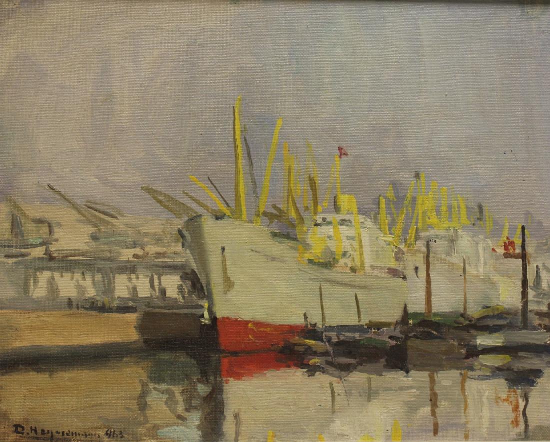 ILLEGIBLY. Signed Oil On Masonite "Shipyard" (1 of 4)