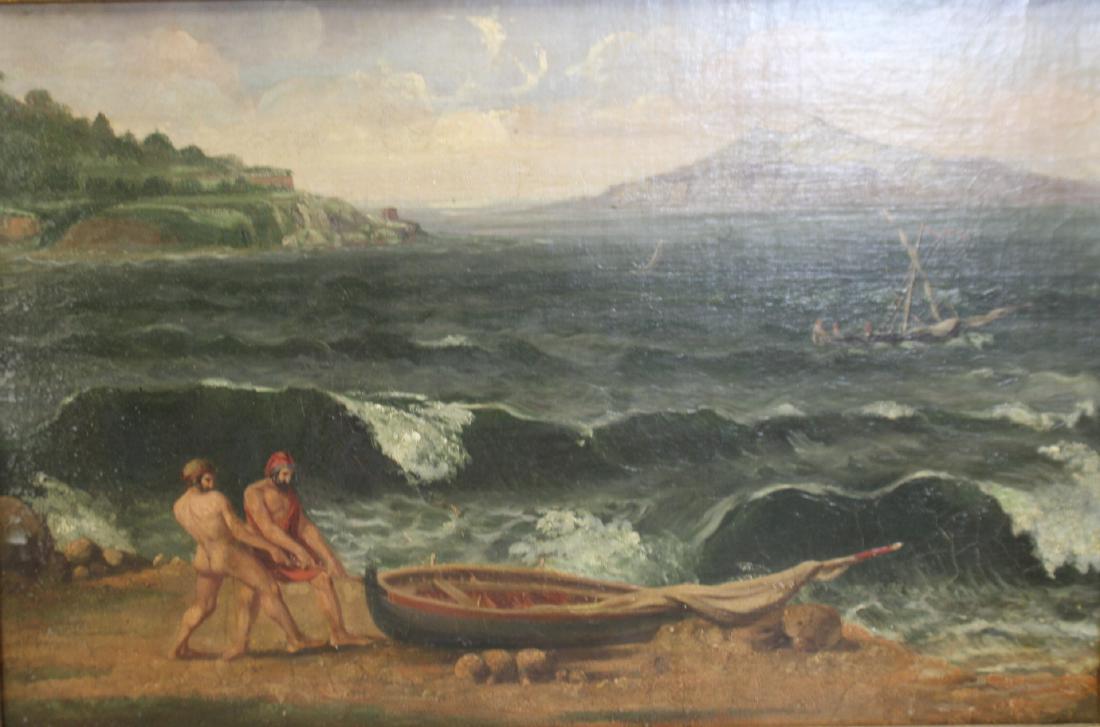 UNSIGNED Oil On Canvas Men Beaching Boat. (1 of 3)