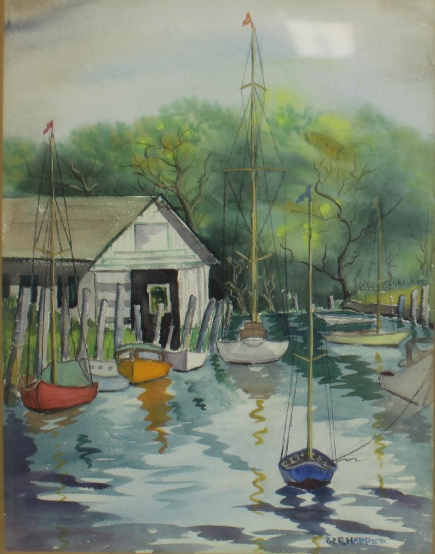 G E Harper Signed Watercolor Boat Scene (1 of 4)
