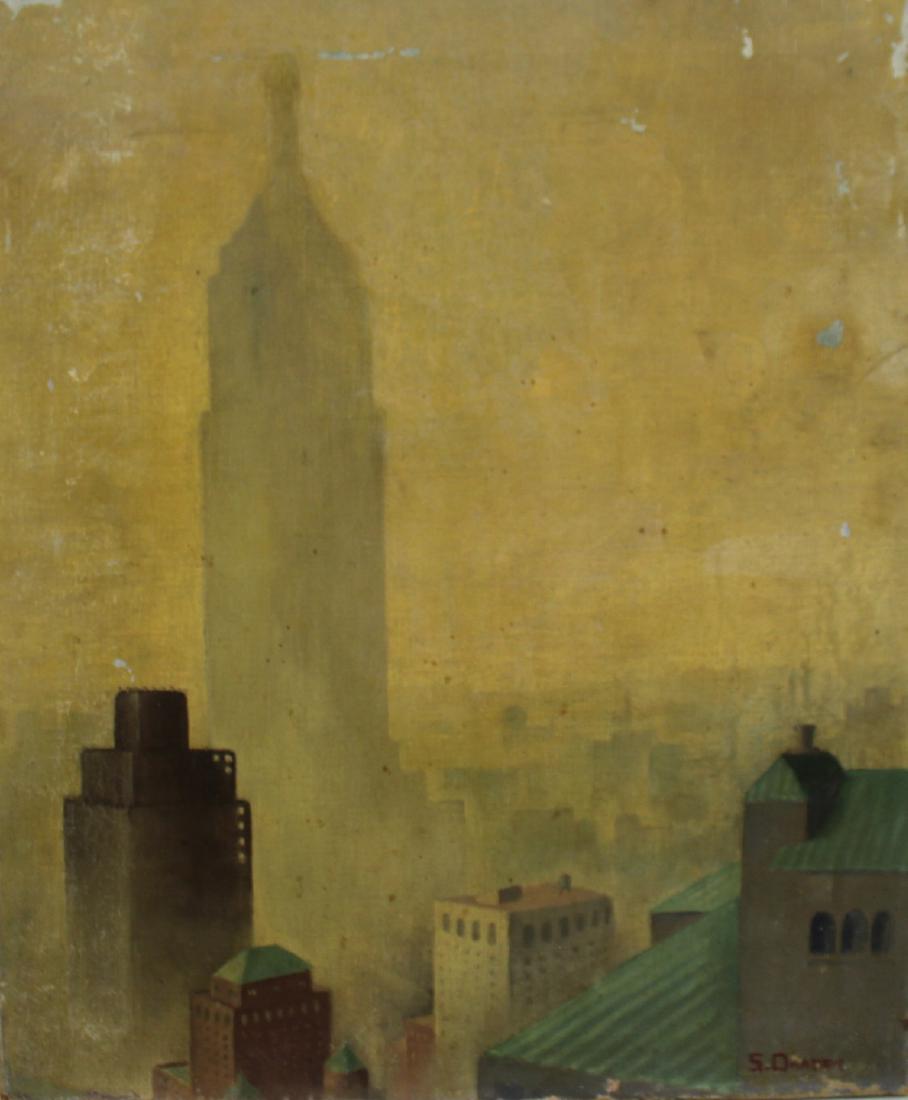 ILLEGIBLY. Signed Oil On Canvas Cityscape. (1 of 4)