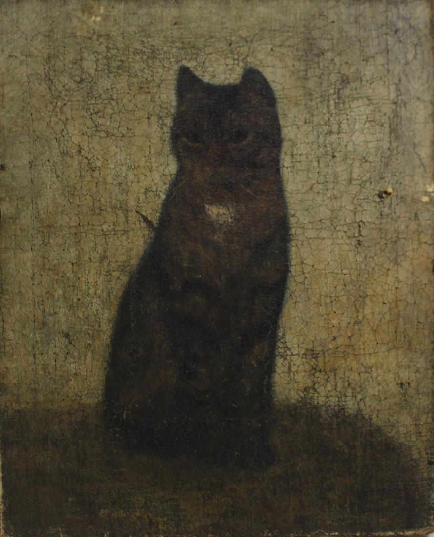 UNSIGNED. Oil On Canvas Black Cat. (1 of 4)
