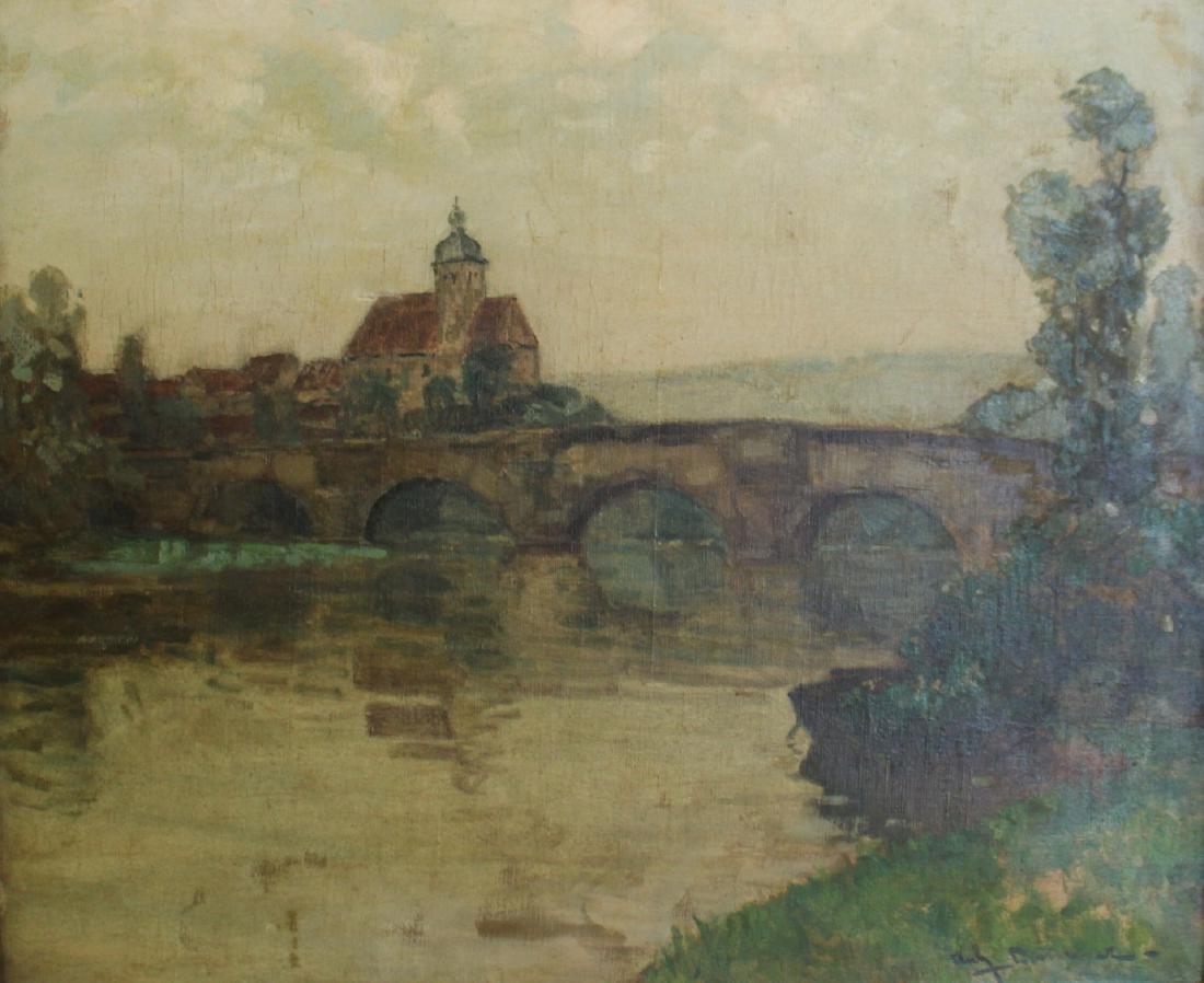 ILLEGIBLY. Signed Oil On Canvas Bridge Scene. (1 of 4)