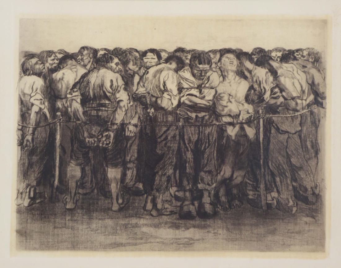 KATHE KOLLWITZ (GERMAN, 1867-1945).: Etchign and drypoint. "Die Gefangenen". Blindstamped lower right. Label affixed verso. From an Upper West Side, NYC collection. - Dimensions: Plate: 14" high x 17.5" wide
