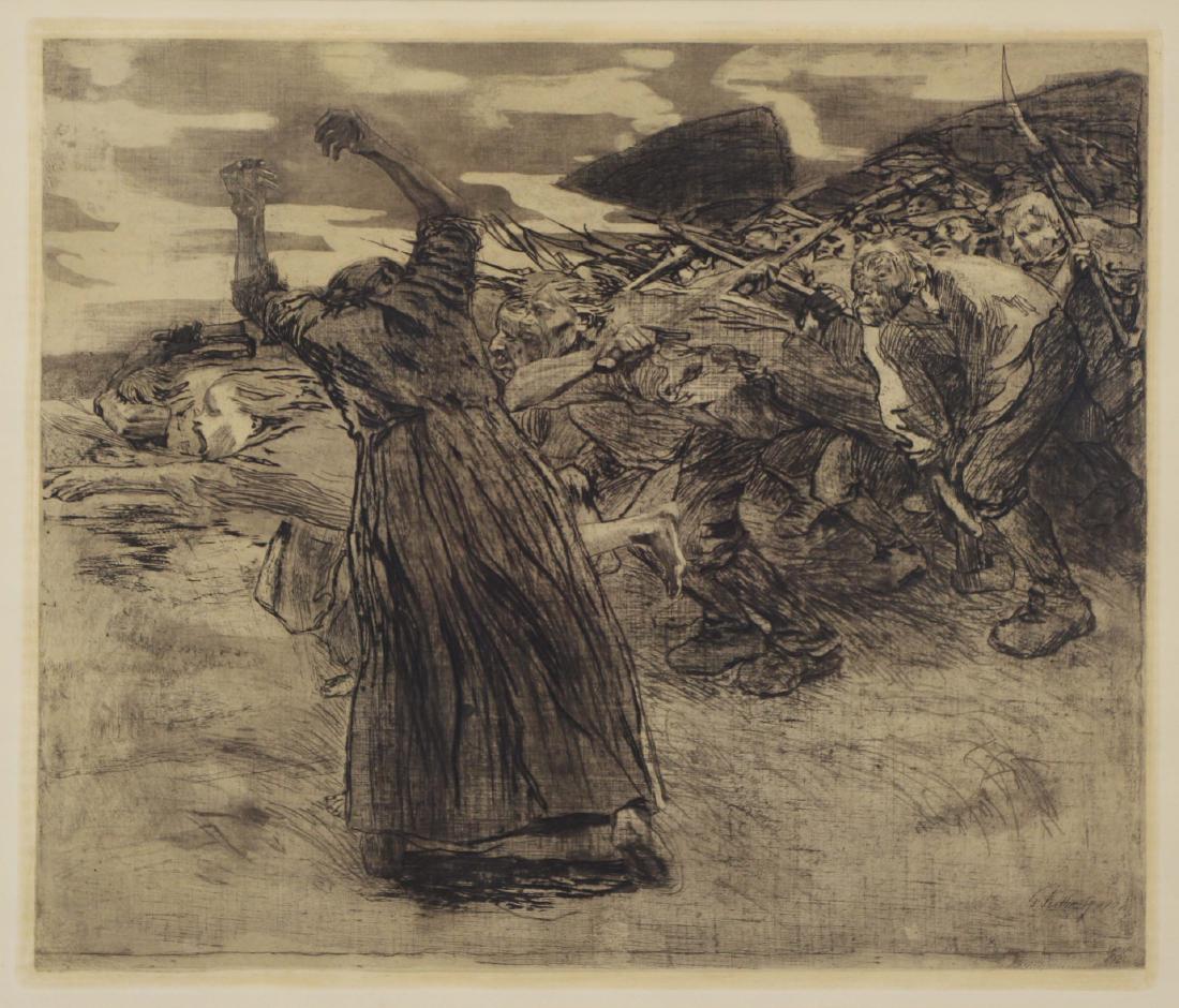 KATHE KOLLWITZ (GERMAN, 1867-1945).: Etching and aquatint. "Losbruch". 1921. Dated in plate. Blindstamped lower right. Gallery label affixed verso. From an Upper West Side, NYC collection. - Dimensions: Plate: 20" high x 23" wi