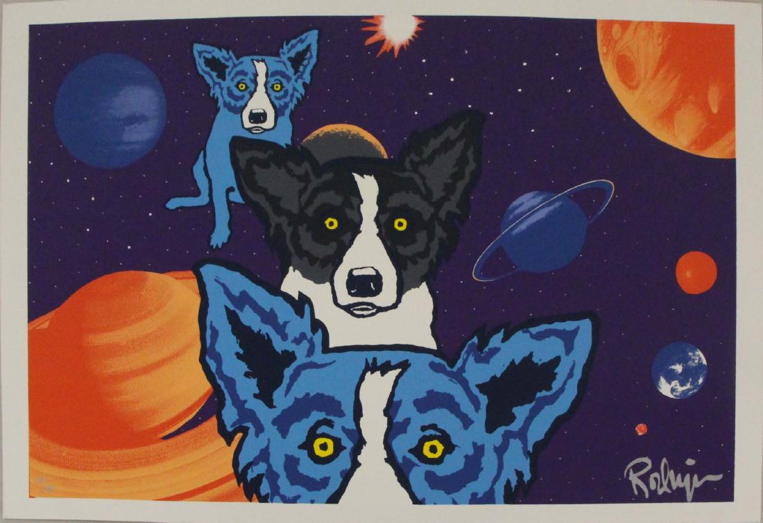GEORGE RODRIGUE (AMERICAN, 1944-2013).: Serigraph. Dogs in Space. Signed lower right. No. 15 from an edition of 90. From a New Jersey collection. - Dimensions: 17.5" high x 25" wide